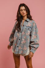 Floral Print Washed Denim Shacket With Side Pocket
