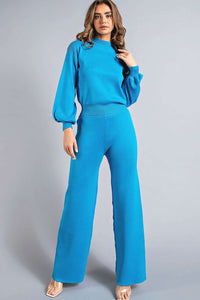 Blue Banded Wrist Knit Top And Bottom Set