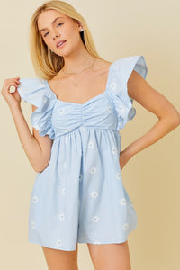 Light Blue Ruffle Shoulder Shirring Babydoll Romper