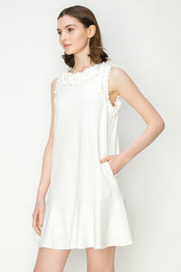 White Ruffled Sleeve Flounce Hem Crewneck Mini Dress