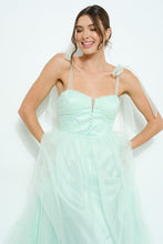 Light Green Bow Tie Strap Lace-up Back Tulle Maxi Dress