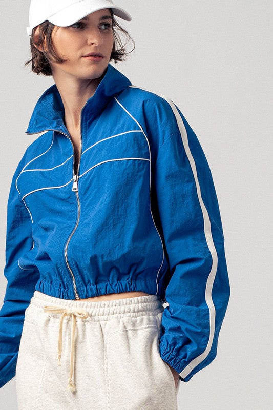 Blue Retro Sport Cropped Track Jacket