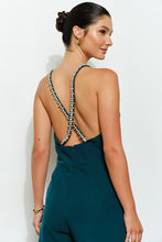 Emerald Crystal Trim Deep V Cross Back Jumpsuit
