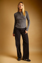 Charcoal Half Snap Button Waffle Fabric Long Sleeve Top