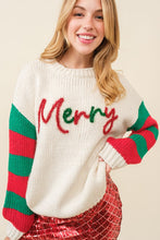Ivory Merry Letter Stripe Trim Oversize Sweater