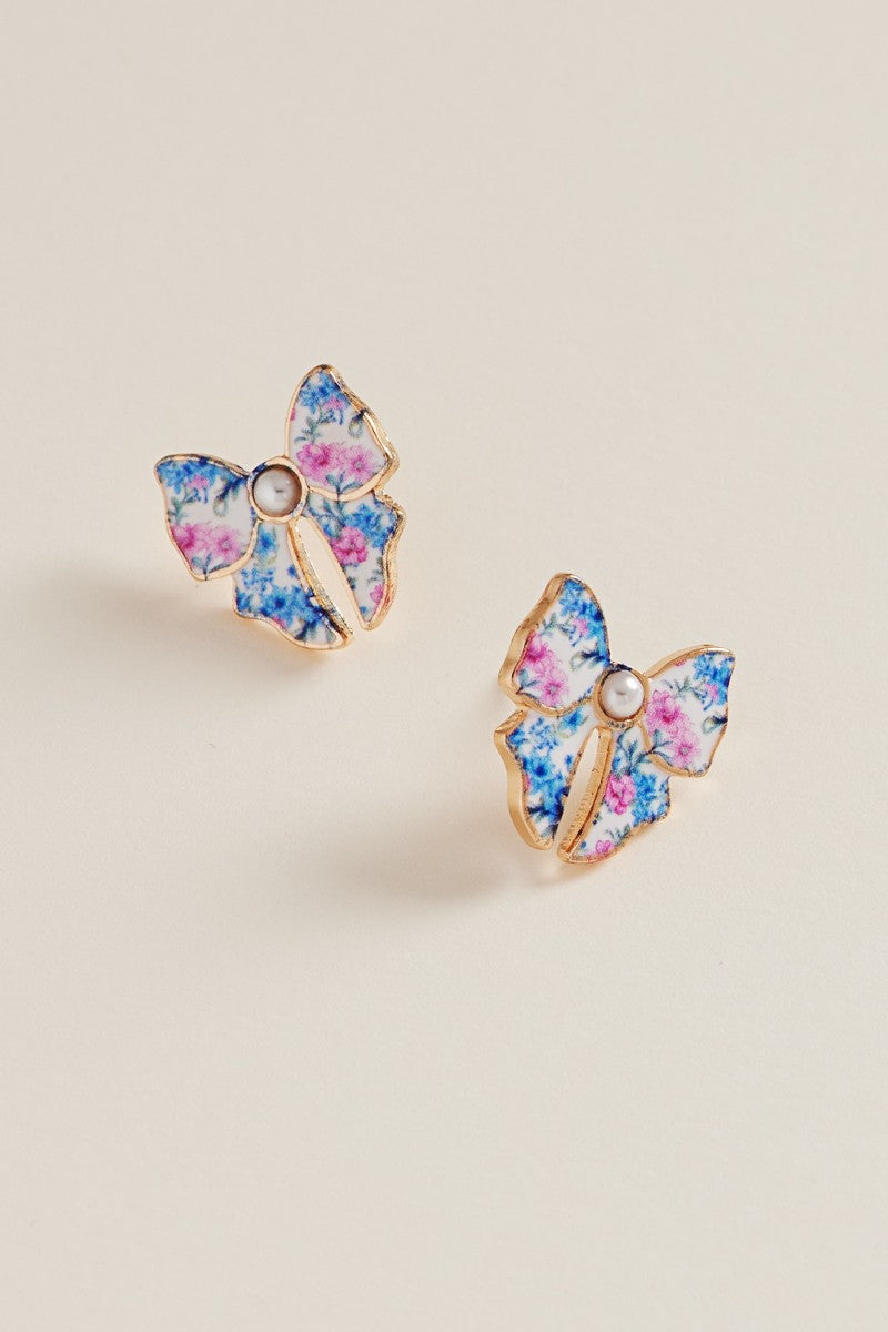 Mul Ceramic Bow Enamel Casting Flower Pattern Earrings