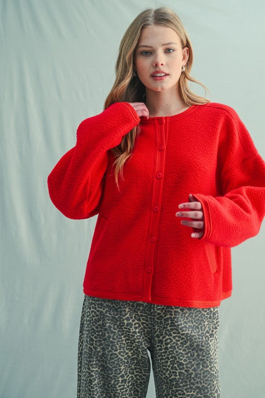Red Contrast Sherpa Button-up Jacket