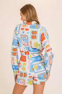 White/Blue Mon Cheri Airflow Print Romper