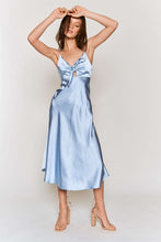 Sky Blue Satin Tie Bust Spaghetti Strap Midi Dress