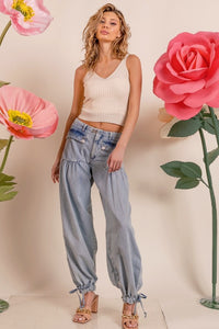 Lt Denim Washed Denim Wide Leg Pants With Tie Hem Detail