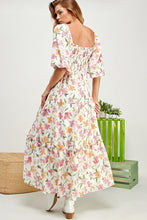 White Floral Barbie Flower Print Balloon Sleeve Tiered Dress