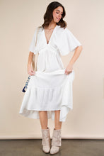 White Mineral Washed Elastic Neck Detail Midi Dress