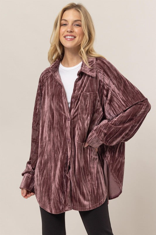 Mauve Oversized Velvet Button-Up Shirt Jacket