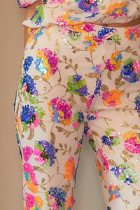 White Multi Sequin Flower Boots Cut Long Pants