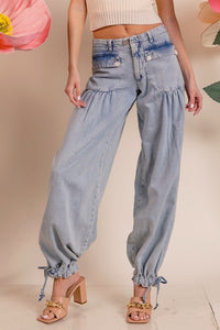Lt Denim Washed Denim Wide Leg Pants With Tie Hem Detail