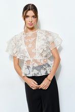White Sheer Floral Stripe Print Ruffle Blouse