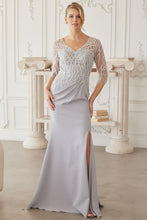 Silver Floor Length Mob Gown With 3/4 Sleeves V Neckline