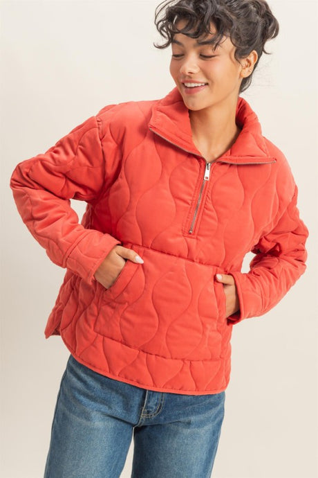 Pale Red Quilted Half Zip High Neck Pullover
