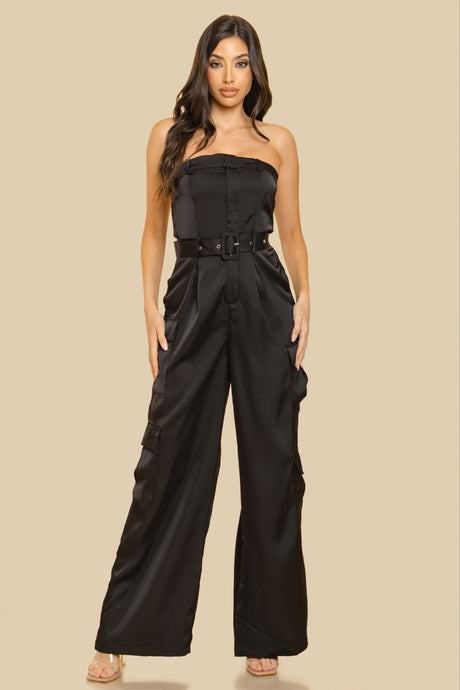 Black Unbalanced Tube Top With Pocket Jumpsuit