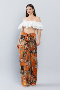 Rust Oriental Mood Print Wide Satin Pants