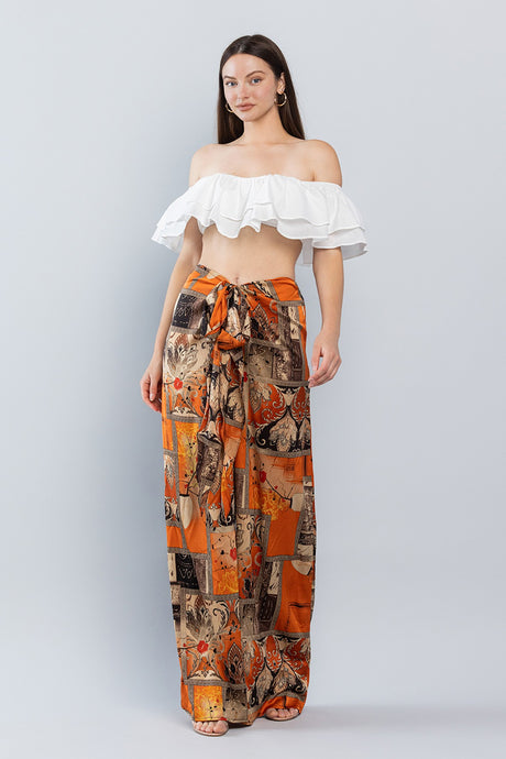 Rust Oriental Mood Print Wide Satin Pants