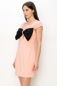 Peach Chiffon Sleeve Big Bow Detail Mini Dress