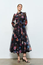 Black Floral Organza Puff Sleeve Belted Shirt Dress