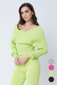 Neon Green Knit Long Slv Top And Jogger Pants Set