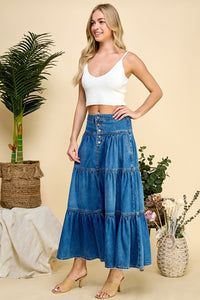 Front Button 3 tiered Denim Skirt