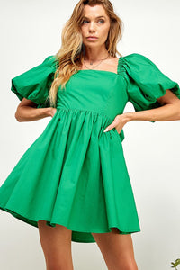Kelly Green Puffled Balloon Sleeve Tie Back Dress