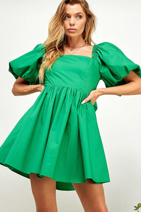 Kelly Green Puffled Balloon Sleeve Tie Back Dress