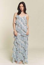 Blue Combo Floral Rufflr Spaghetti Strap Maxi Dress