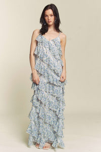Blue Combo Floral Rufflr Spaghetti Strap Maxi Dress