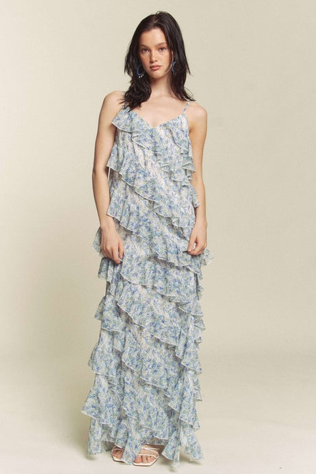 Blue Combo Floral Rufflr Spaghetti Strap Maxi Dress