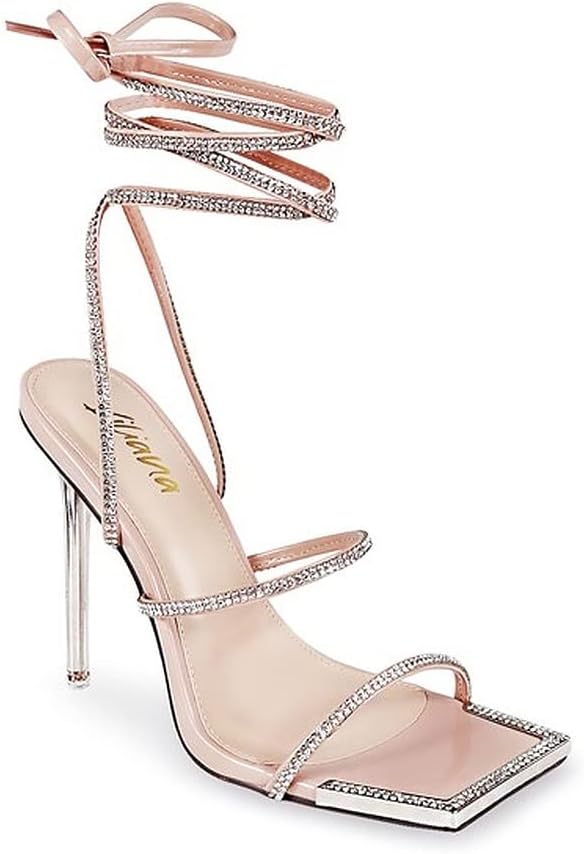 Nude Women Lace Up Rhinestone High Heel Sandals