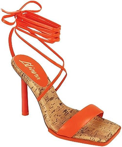 Orange Square Toe Cap W/Pencil Heel Tie Up Strap