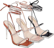 Nude Women Lace Up Rhinestone High Heel Sandals