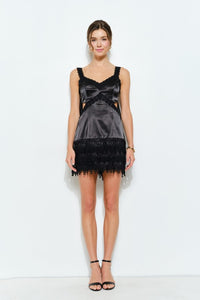 Black Satin Lace Trim Mini Dress With Back Bow