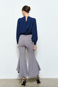 Grey Draped Ruffle High-low Flare Pants