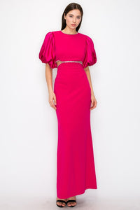 Pink Puff Sleeves Rhinestione Side Cutout Maxi Dress