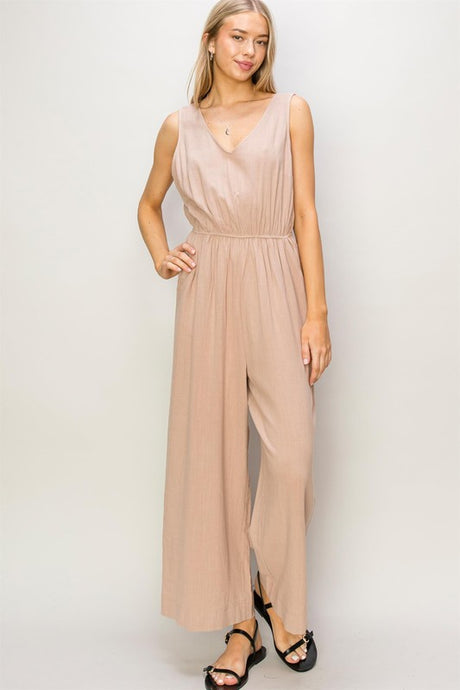 Tan Sleeveless Linen Jumpsuit