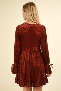 Rust Leopard Velvet Ruffled Holiday Mini Dress