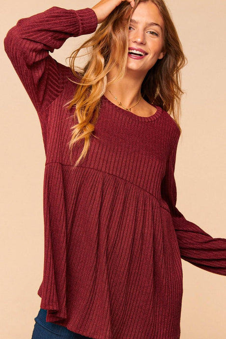 Burgundy Plus Two Tone Rib Babydoll Bubble Sleeve Knit Top