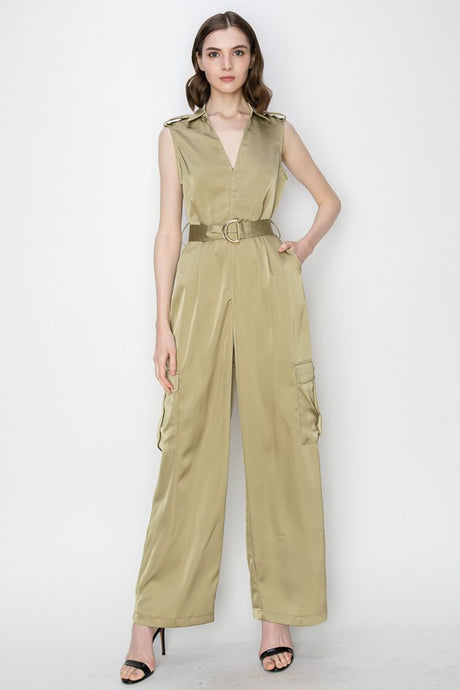Olive Satin V-Neck Side Pockets Cargo Pants Jumpsuit