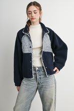 Navy Multi Quilted Plaid Sherpa Fleece Snap Jacket