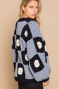 Black Grey Multi Color Block Hand Knit Squares Cardigan Sweater