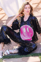 Black Side Zipper Hem Feather Trim Sequin Wide Leg Pants