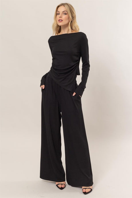 Black Set-Off-Shoulder Top And Pants Set