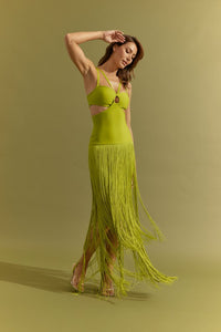 Citron Green Bandage Fringe Dress With Cutout