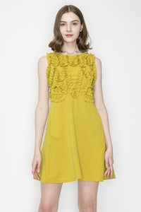 Mustard Crewneck Floral Ruffled Sleeveless Mini Dress